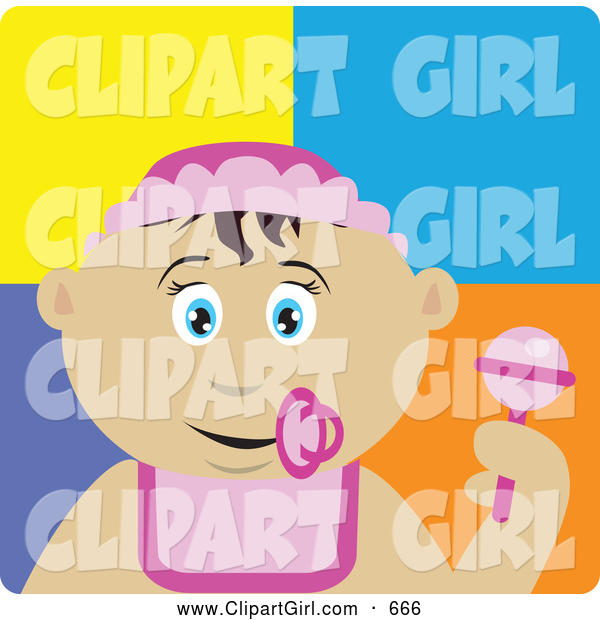 Clip Art of a Cute Mexican Baby Girl with a Pacifier, Bib and Rattle