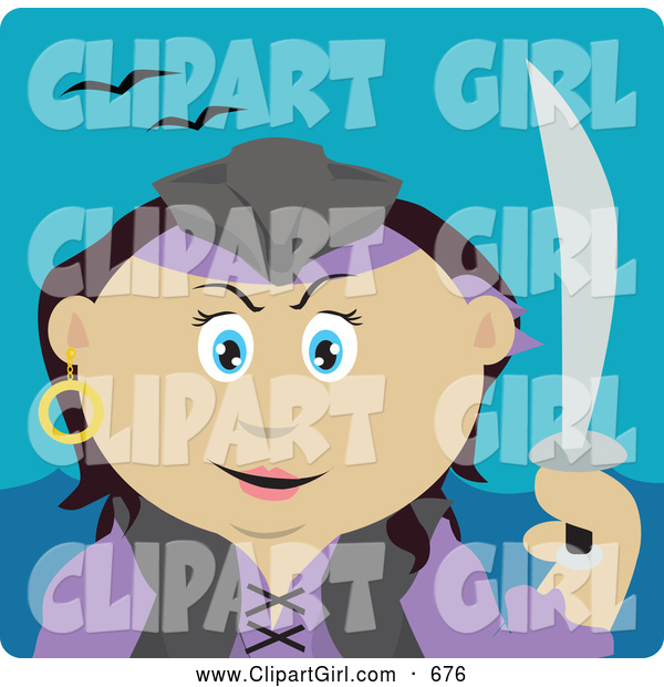 Clip Art of a Cute Mexican Pirate Woman Holding a Sword