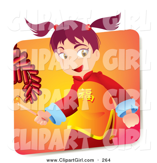 Clip Art of a Cute Pink Haired Japanese Girl in Cultural Clothes, Holding a Lighter and Igniting Firecrackers on New Years