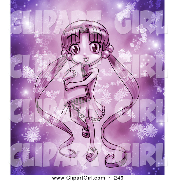 Clip Art of a Cute Purple Anime Girl with Her Long Hair in Pig Tails, Carrying a Book and Surrounded by Glowing Flowers and Magic Dust