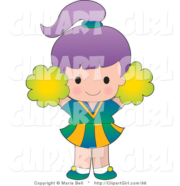 Clip Art of a Cute Purple Haired White Cheerleader Girl Jumping with Green Pompoms