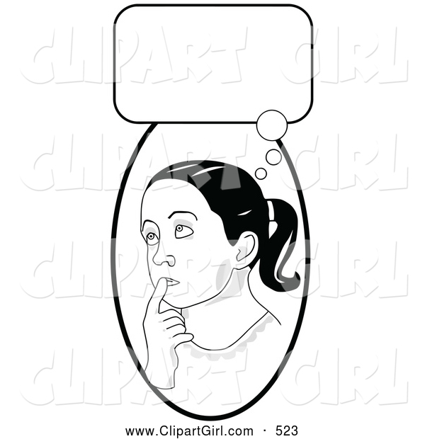 Clip Art of a Cute Smart School Girl in Thought, Touching Her Lips and Looking Up, with a Thought Bubble