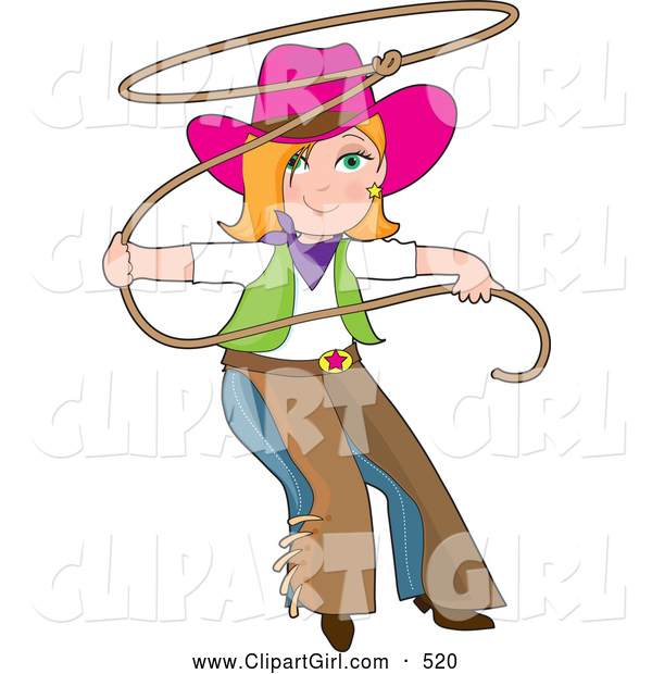 Clip Art of a Cute Teenage Cowgirl in Chaps and a Pink Hat, Swinging a Lasso