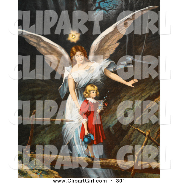 Clip Art of a Cute Vintage Valentine of a Female Guardian Angel Guiding a Little Girl in a Red Dress Across a Dangerous Log Bridge over a Gorge, Circa 1890
