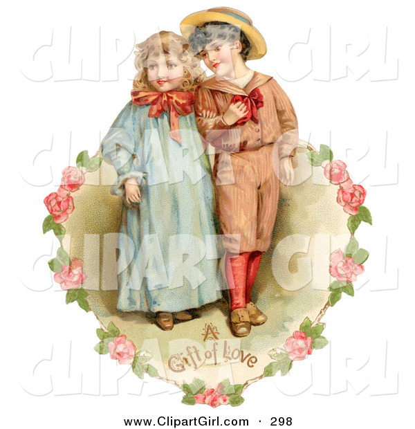Clip Art of a Cute Vintage Valentine of a Sweet Little Boy and Girl Strolling Arm in Arm, Looking off to the Side, Circled by a Heart of Pink Roses Circa 1886