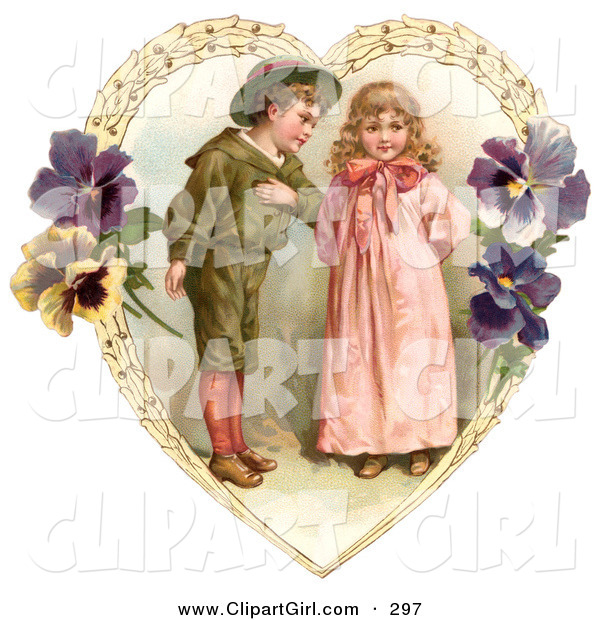 Clip Art of a Cute Vintage Valentine of a Sweet Little Boy Trying to Woo a Little Girl in a Heart of Leaves and Pansy Flowers, Circa 1890