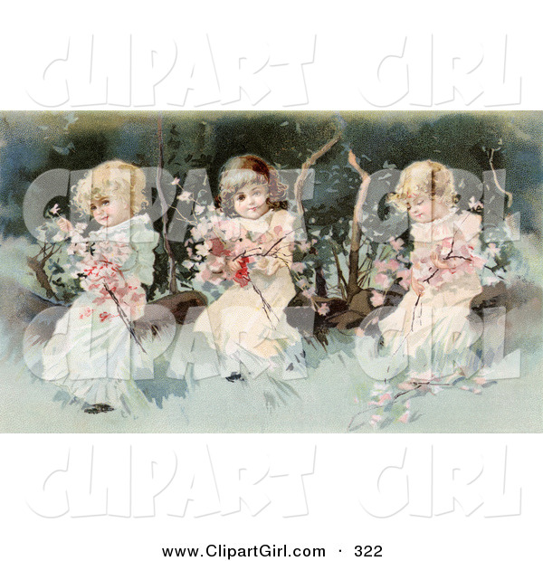 Clip Art of a Cute Vintage Victorian Scene of Three Little Girls Sitting on a Fallen Tree and Making a Garland of the Pink Spring Blossoms, Circa 1890.
