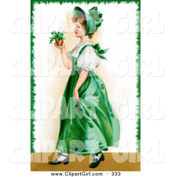 Clip Art of a Cute Vintage Victorian St Patrick's Day Scene of a Young Irish Lady in a Green Dress and Bonnet, Carrying a Small Plant, Circa 1907