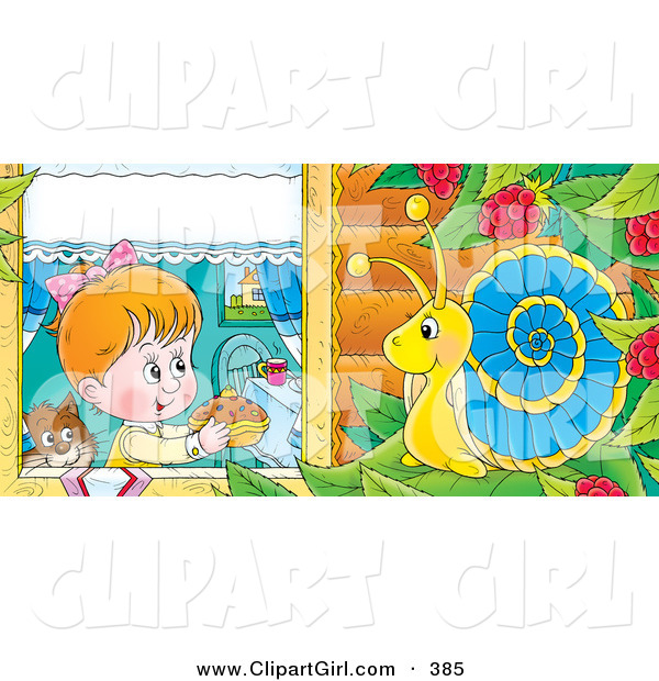 Clip Art of a Cute White Girl and Cat Holding a Cake out to a Snail in a Raspberry Bush