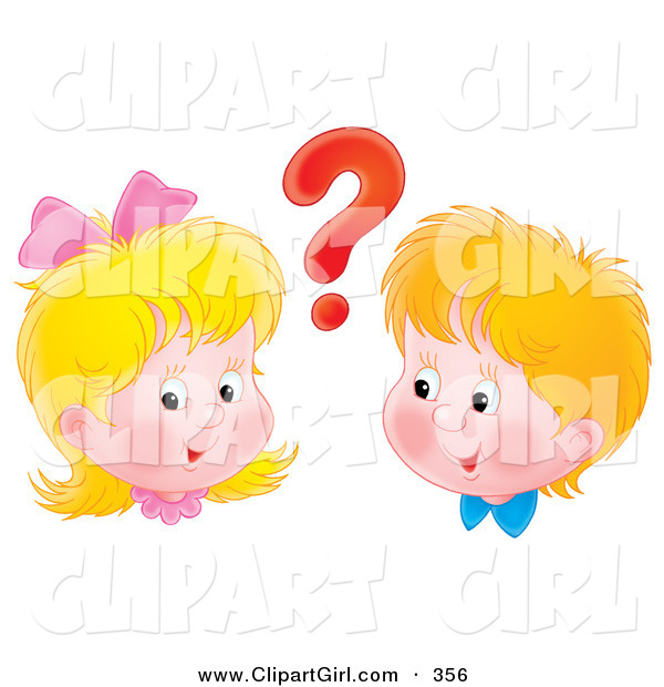 Clip Art of a Cute, yet Curious Boy and Girl with a Red Question Mark Between Their Heads