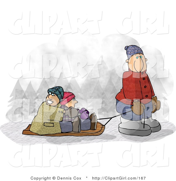 Clip Art of a Dad Pulling Kids on a Snow Sled in Winter