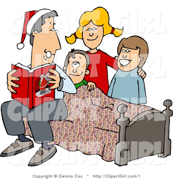 Clip Art of a Dad Reading Christmas Stories to His Kids - Royalty Free