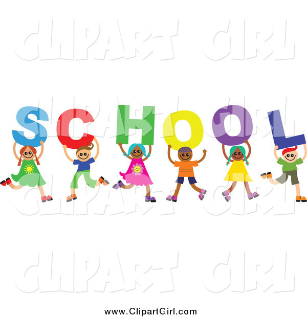 Clip Art of a Diverse Group of Children Holding up Letters Spelling School