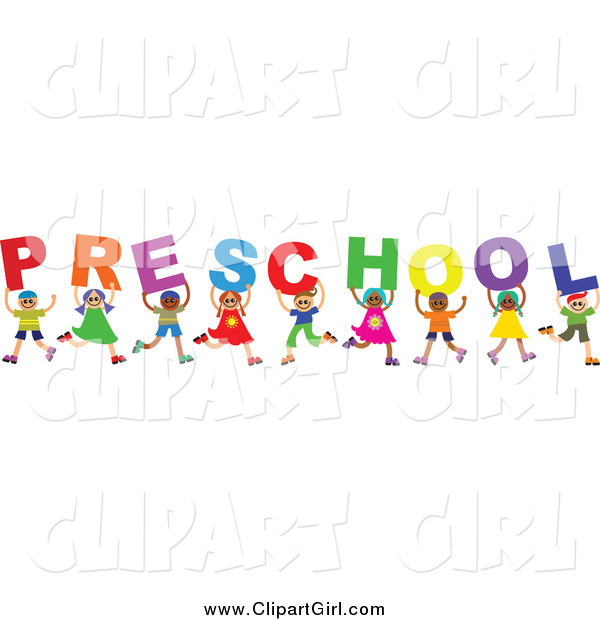 Clip Art of a Diverse Group of Kids Spelling the Word Preschool