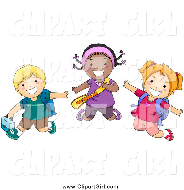 Clip Art of a Diverse Happy School Kids Jumping