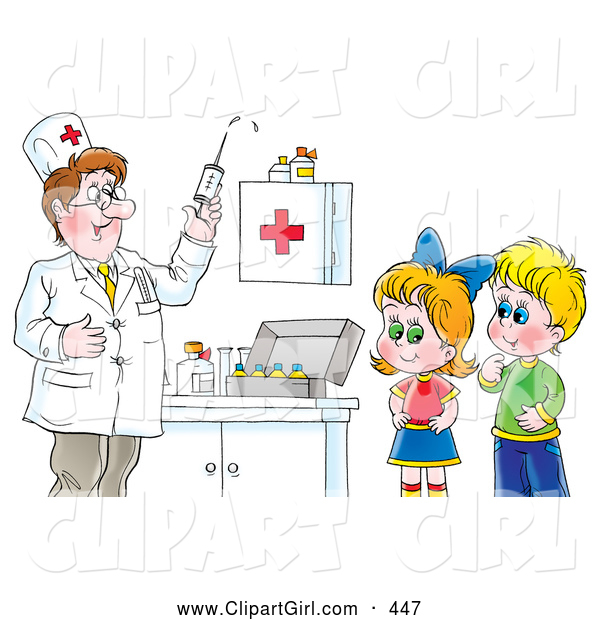 Clip Art of a Doctor Preparing a Syringe for Shots While a Boy and Girl Watch, on White