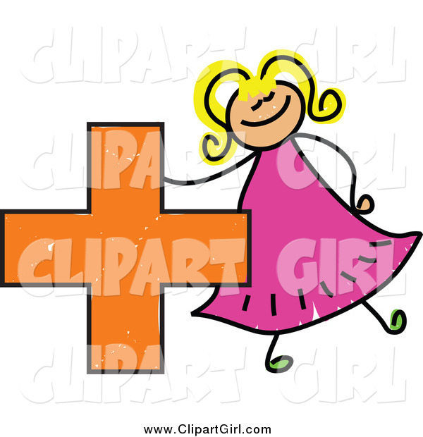 Clip Art of a Doodled Girl with a Plus Symbol