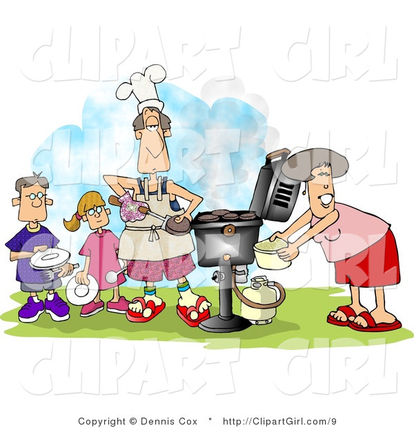 Clip Art of a Family BBQing Outdoors on a Nice Day