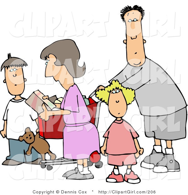 Clip Art of a Family Grocery Shopping Together, the Dad Pushing the Cart