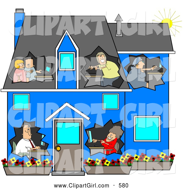 Clip Art of a Family in a Blue House
