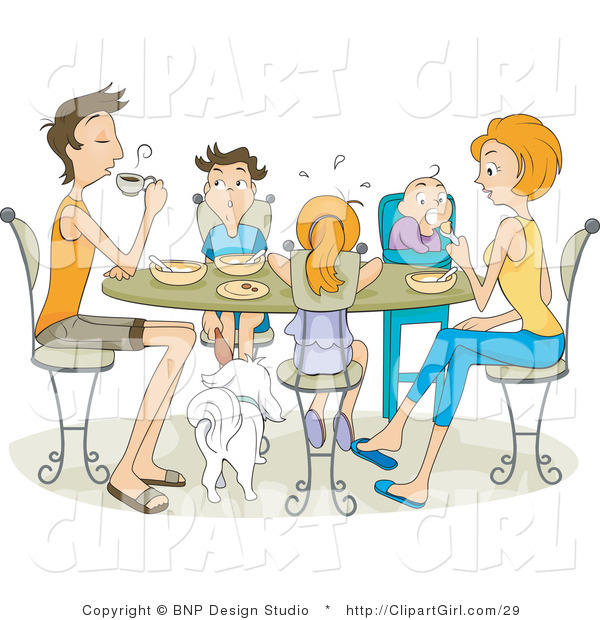 Clip Art of a Family of Five with Their White Dog Eating at a Table