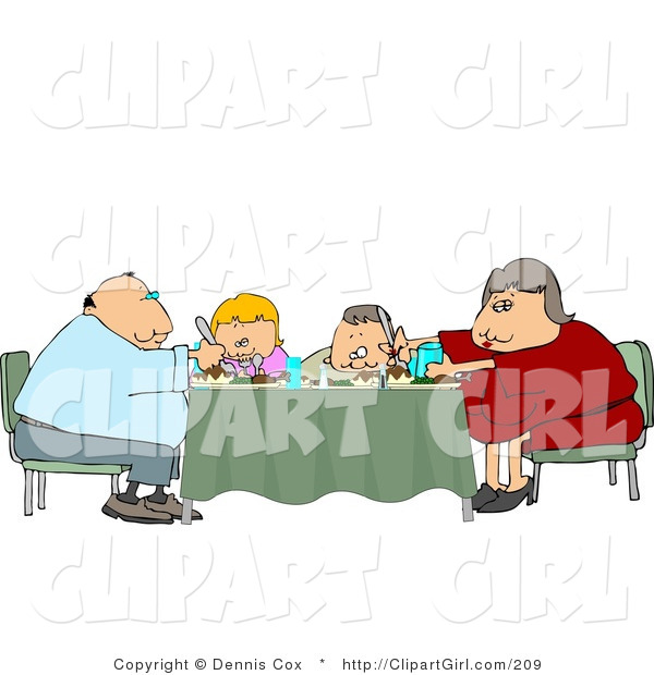 Clip Art of a Family Sitting and Eating Dinner Together at the Dining Room Table