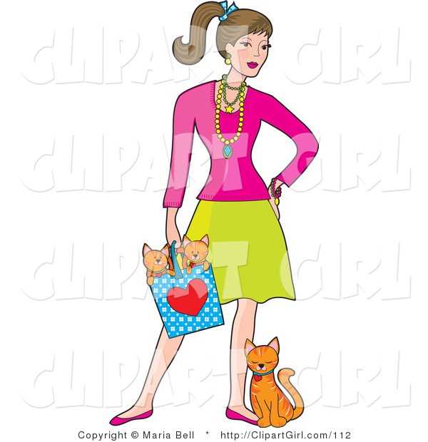 Clip Art of a Fashionable Young White Brunette Woman Wearing Jewelery and Holding a Bag with Two Orange Kittens in It While the Mother Cat Leans and Rubs Against Her Leg