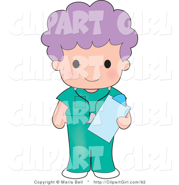 Clip Art of a Female Purple Haired Medical Nurse or Doctor in Green Scrubs, Holding a Clipboard While on Shift at the Hospital