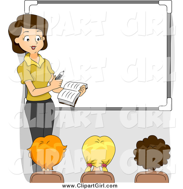 Clip Art of a Female Teacher by a White Board with Students Facing Her