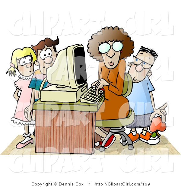 Clip Art of a Female Teacher Sitting at a Computer, Surrounded by School Kids in a Classroom Environment