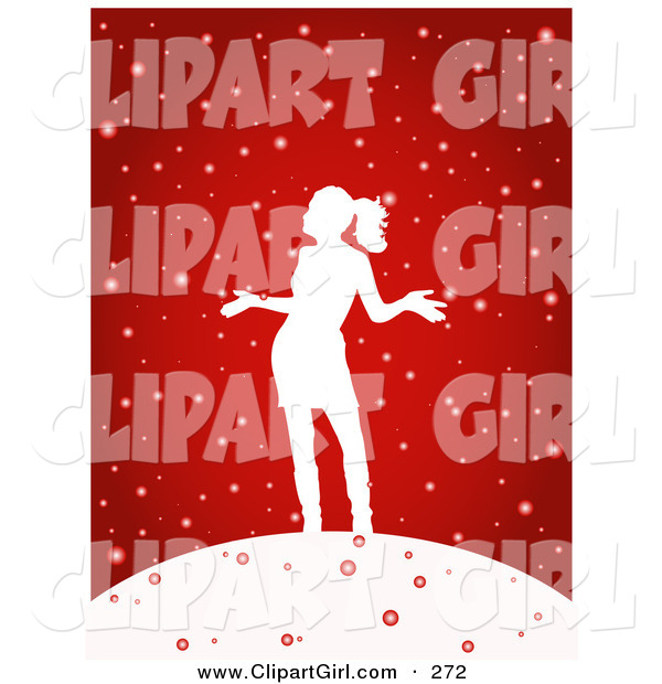 Clip Art of a Festive and Happy Woman Silhouetted in White, Holding Her Arms out and Standing in the Snow, on a Red Background