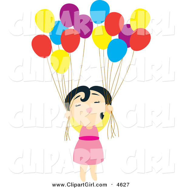 Clip Art of a Floating Asian Girl with Balloons