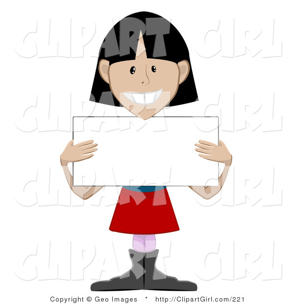 Clip Art of a Friendly Black Haired Girl Holding a Blank Placard Sign