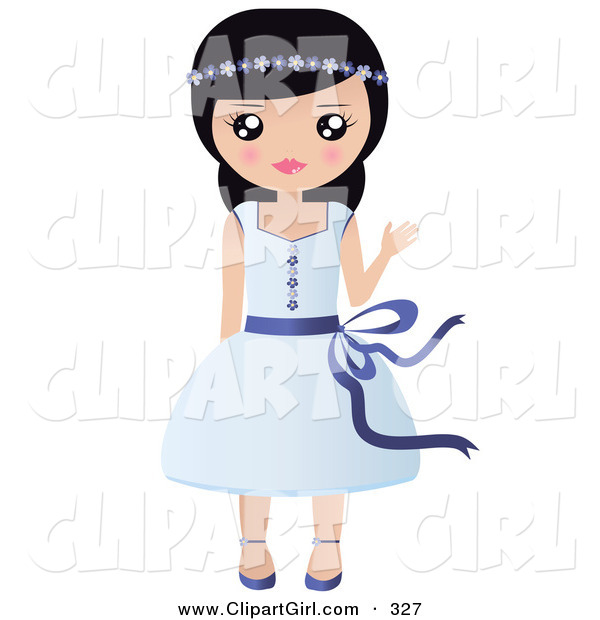 Clip Art of a Friendly Black Haired White Girl with Flowers in Her Hair, Waving and Wearing a Pretty Blue Dress