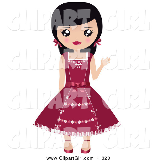 Clip Art of a Friendly Black Haired White Girl with Her Hair in Pigtails, Waving and Wearing a Pretty Red Dress