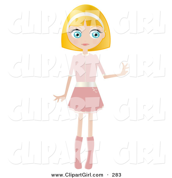 Clip Art of a Friendly Blond Haired, Blue Eyed Caucasian Woman Dressed in Pink, Standing and Holding One Arm out