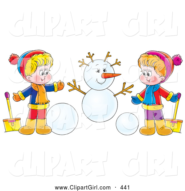 Clip Art of a Friendly Boy and Girl Holding Shovels and Making a Snowman