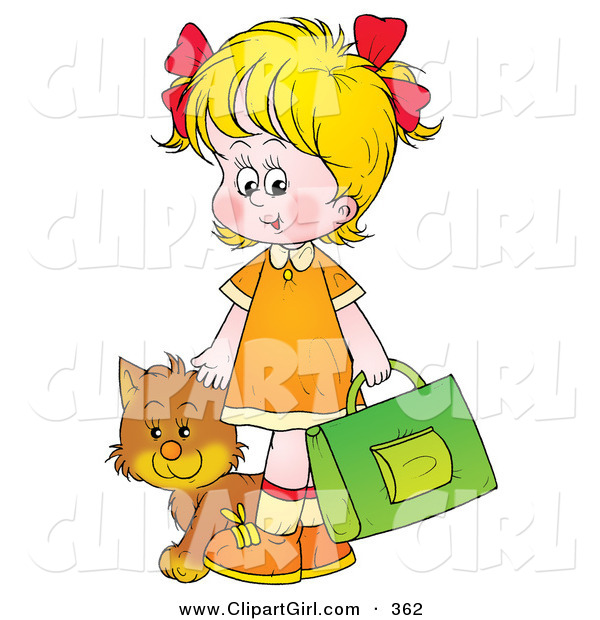 Clip Art of a Friendly Cat Following a Blond Girl on Her Way to School