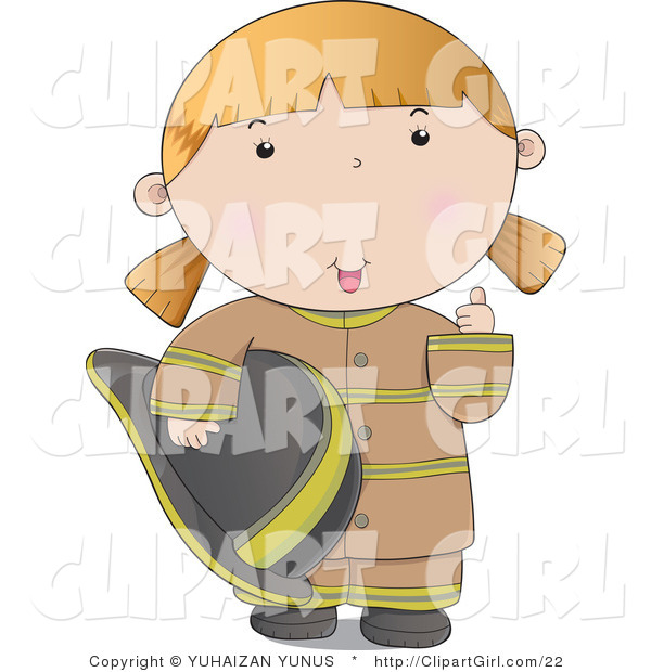 Clip Art of a Friendly Firefighter Woman in a Brown Uniform, Giving the Thumbs up
