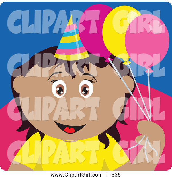 Clip Art of a Friendly Hispanic Birthday Girl Holding Balloons