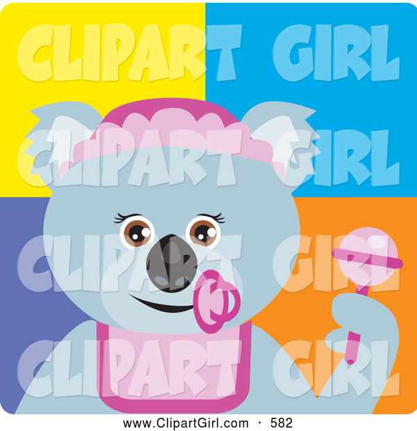 Clip Art of a Friendly Koala Bear Baby Girl Character with Pacifier and Rattle