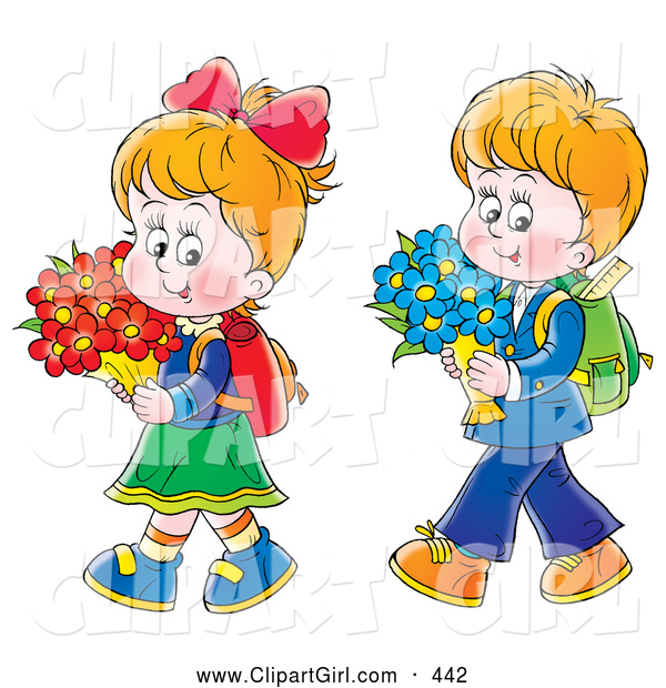 Clip Art of a Friendly Little Boy and Girl Walking Home from School with Flowers