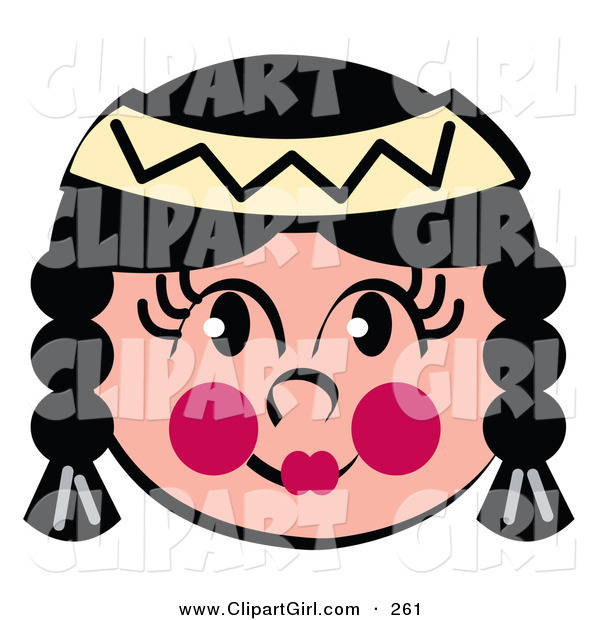 Clip Art of a Friendly Native American Indian Woman's Face with Braids, Flushed Cheeks and a Headband