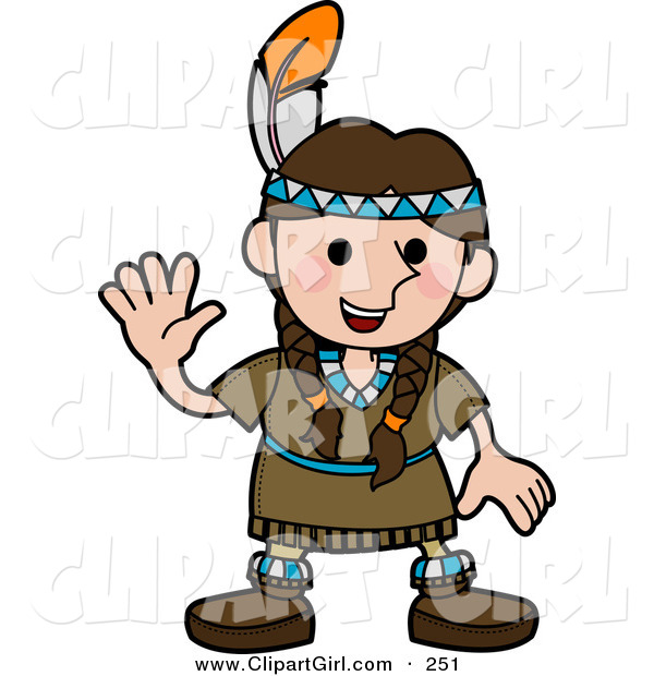Clip Art of a Friendly White Girl in a Native American Indian Costume Made of Leather and Beads, Wearing a Feather in Her Hair and Waving