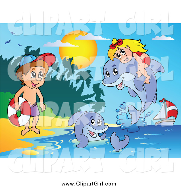 Clip Art of a Girl and Boy with Dolphins on a Beach