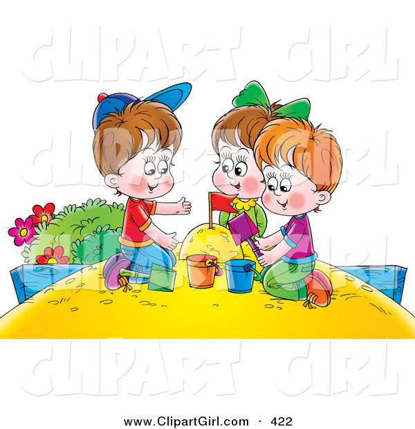 Clip Art of a Girl and Two Boys Playing in a Sand Box at the Park
