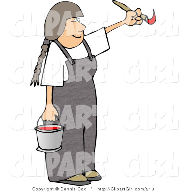 Clip Art of a Girl Artist Painting with a Paintbrush and Pail of Red Paint