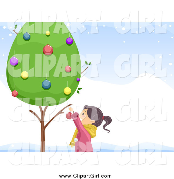 Clip Art of a Girl Decorating a Live Tree