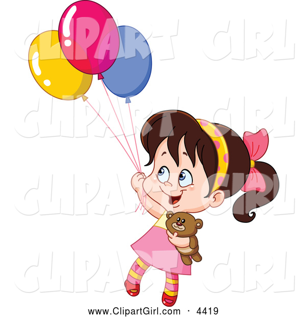 Clip Art of a Girl Floating with Her Teddy Bear and Balloons