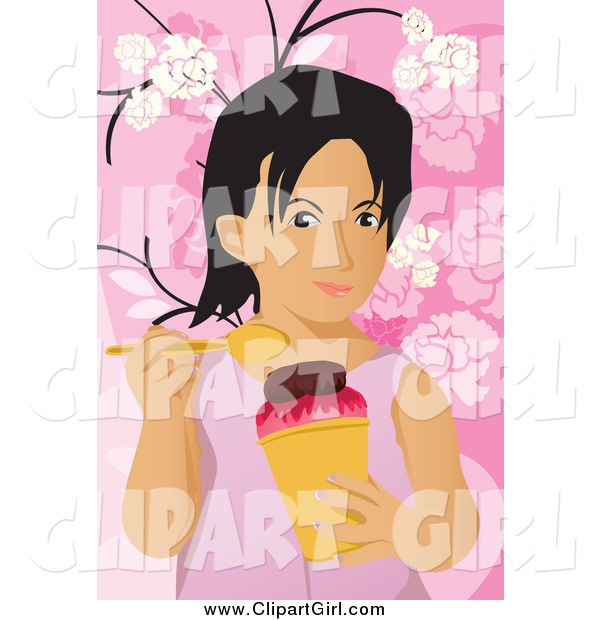 Clip Art of a Girl Holding a Cup of Ice Cream over Pink